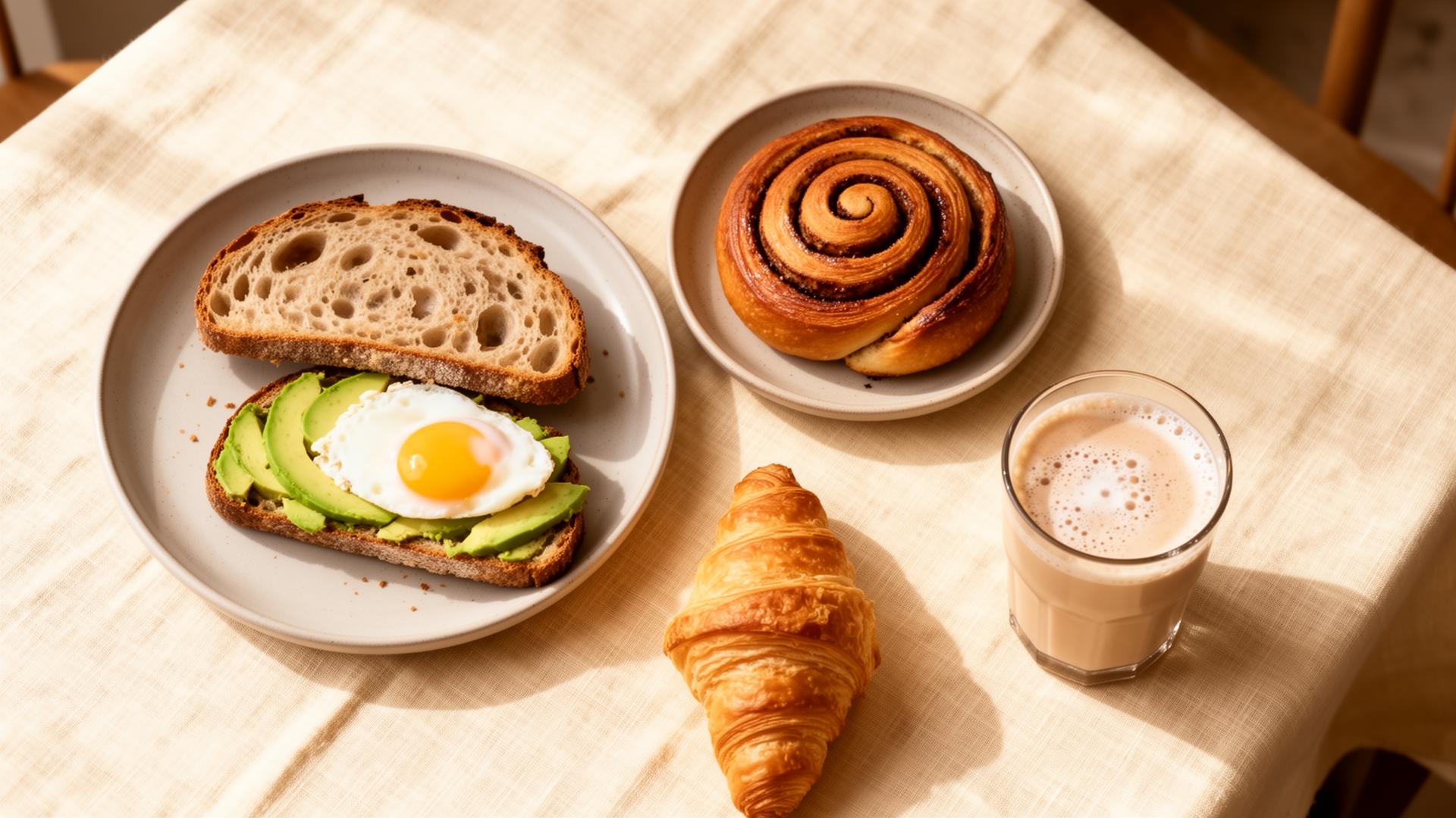 Frukost: sandwich med avokado, kanelbulle, croissant och latte
